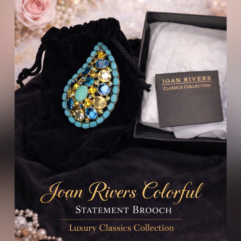 Joan Rivers Colorful Crystal Statement Brooch Gold Tone Blue Yellow Chic